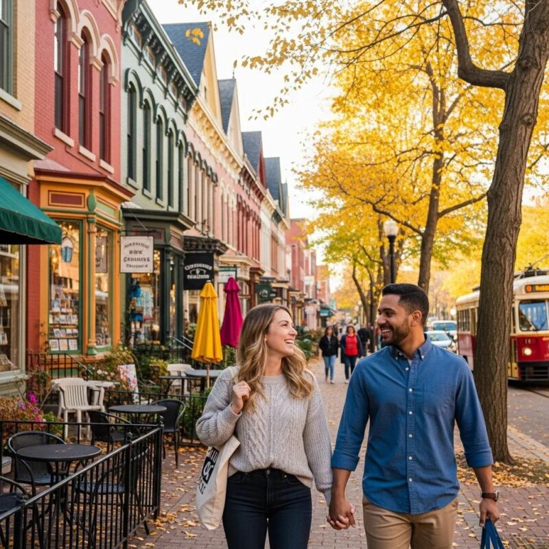 Couple exploring Downtown Birmingham neighborhood with charming houses and shops