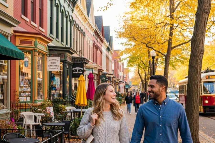 Couple exploring Downtown Birmingham neighborhood with charming houses and shops