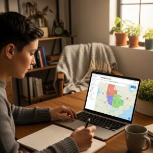 Person researching school district locators on a laptop, evaluating budget-friendly neighborhoods for homebuying decisions.